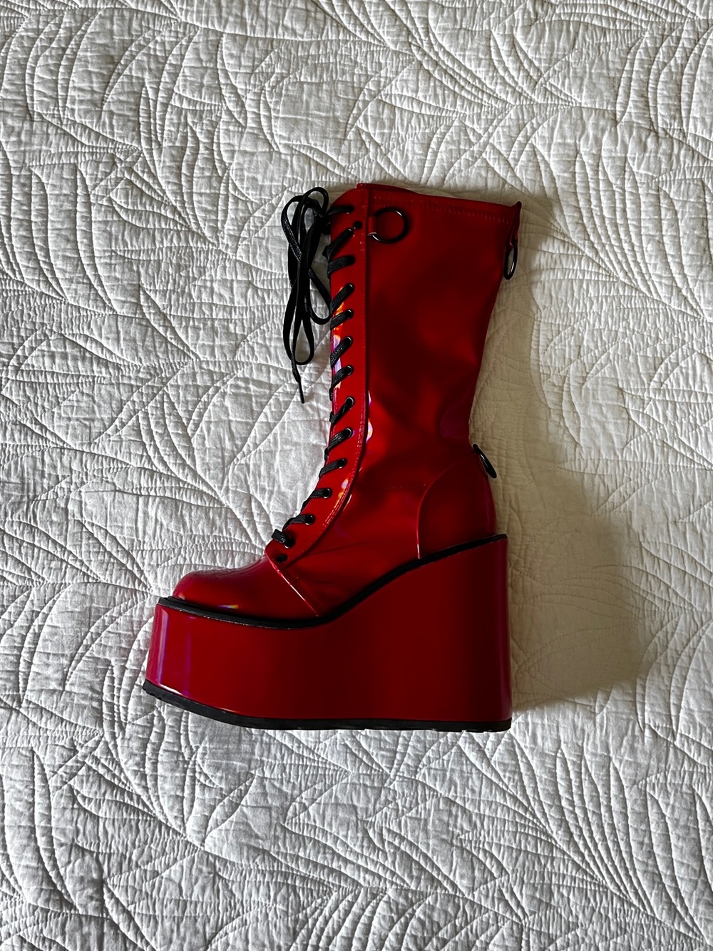 NWB - Demonia - ‘Swing-150 Red Holographic Platform Knee High Boots’ - Size 10